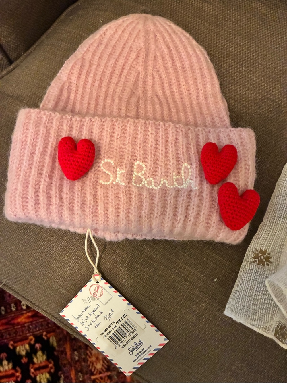 MC2 Saint Barth Pink Knit Kids Beanie with Red Heart Appliqués